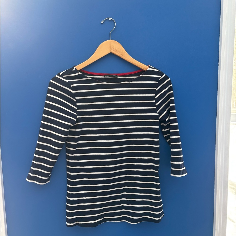 {Zara} Navy and White Striped Top women's size L